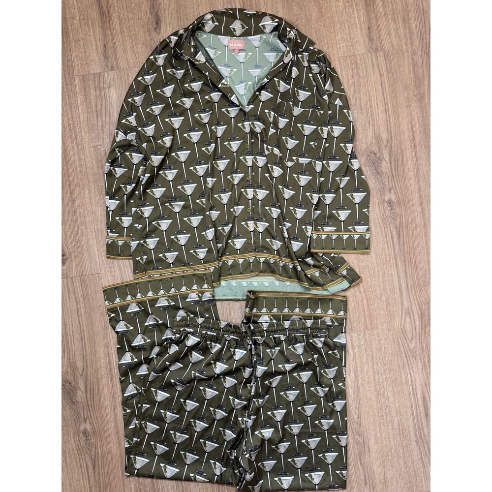Show Me Your Mumu Martini Pajama Set Olive Green Long Sleeve Button Down XL - Picture 3 of 5